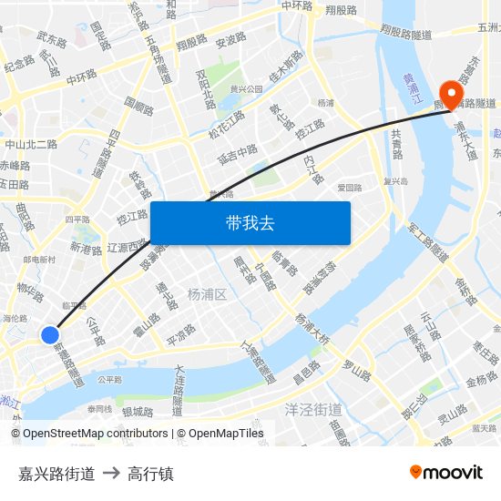 嘉兴路街道 to 高行镇 map