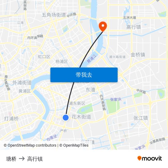 塘桥 to 高行镇 map