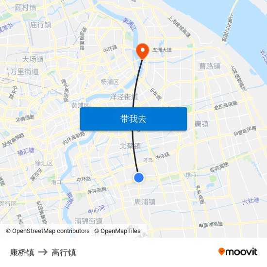 康桥镇 to 高行镇 map