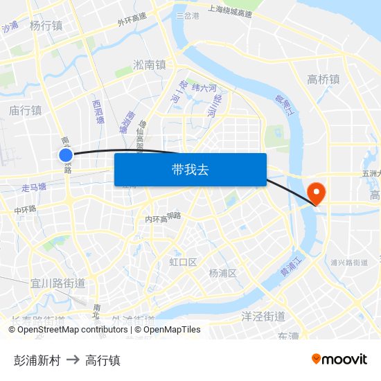 彭浦新村 to 高行镇 map