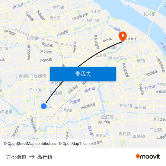 方松街道 to 高行镇 map