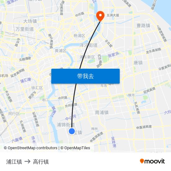 浦江镇 to 高行镇 map