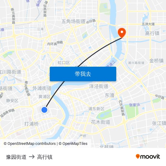豫园街道 to 高行镇 map