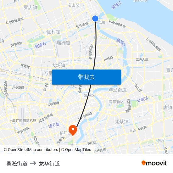 吴淞街道 to 龙华街道 map