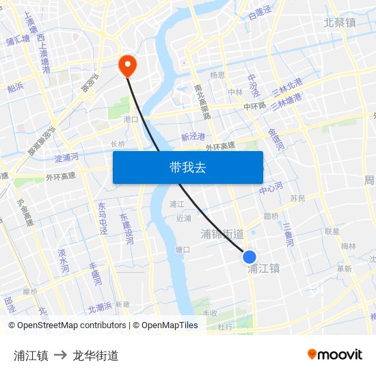 浦江镇 to 龙华街道 map