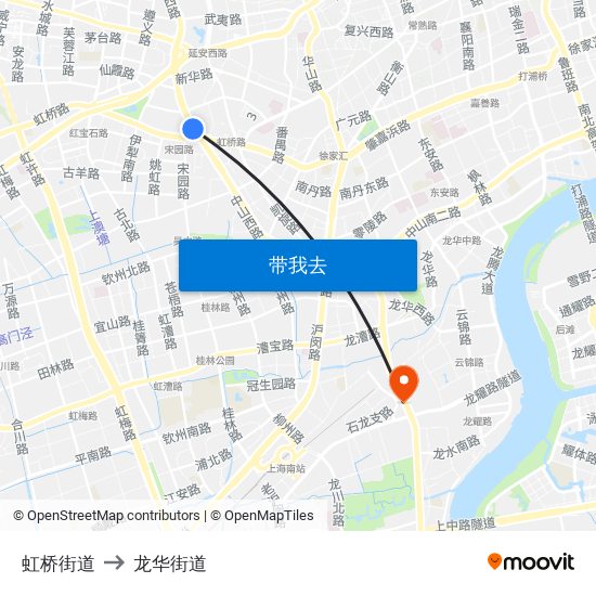 虹桥街道 to 龙华街道 map