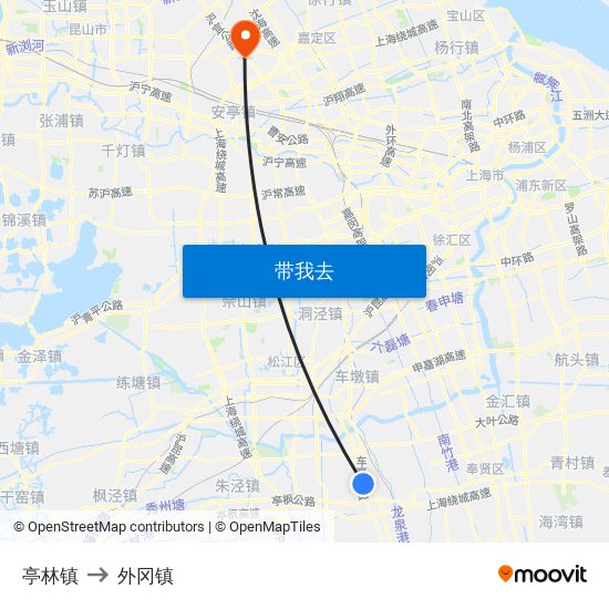 亭林镇 to 外冈镇 map