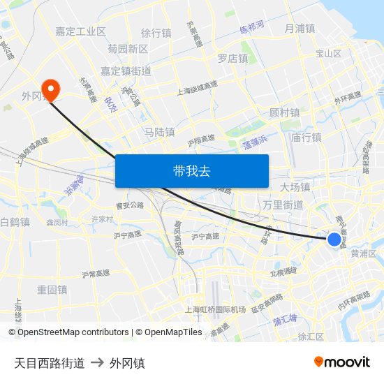 天目西路街道 to 外冈镇 map