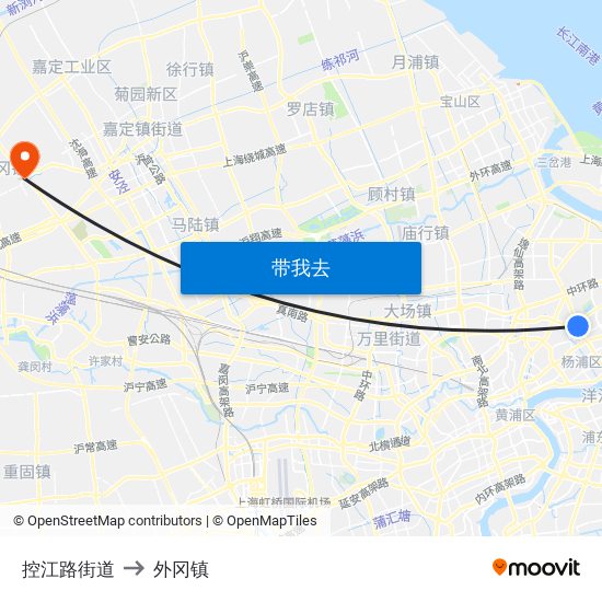 控江路街道 to 外冈镇 map