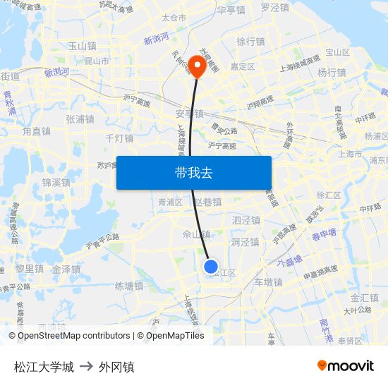 松江大学城 to 外冈镇 map