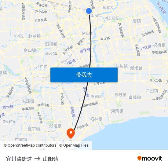 宜川路街道 to 山阳镇 map