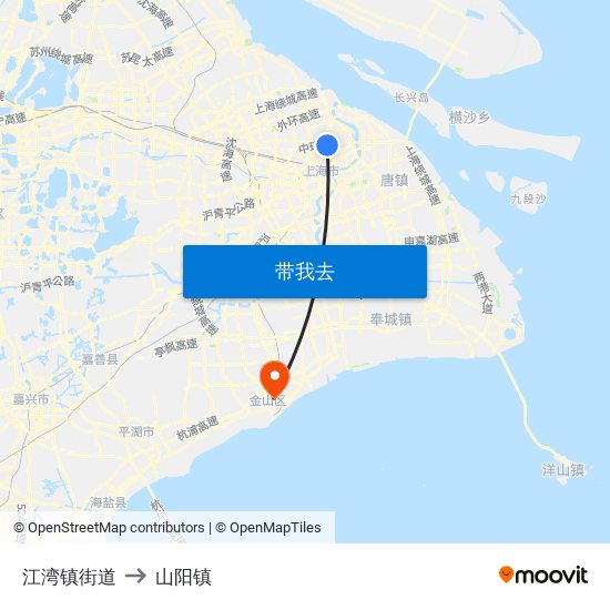 江湾镇街道 to 山阳镇 map