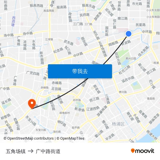 五角场镇 to 广中路街道 map
