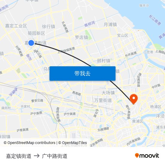 嘉定镇街道 to 广中路街道 map