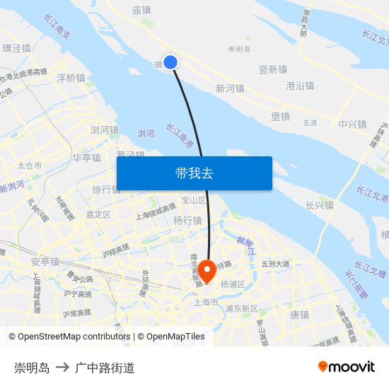 崇明岛 to 广中路街道 map