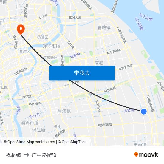 祝桥镇 to 广中路街道 map