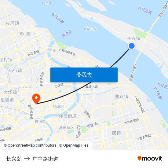 长兴岛 to 广中路街道 map