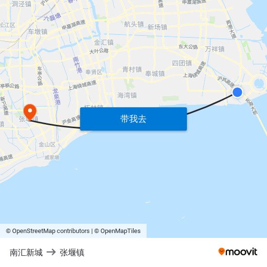 南汇新城 to 张堰镇 map