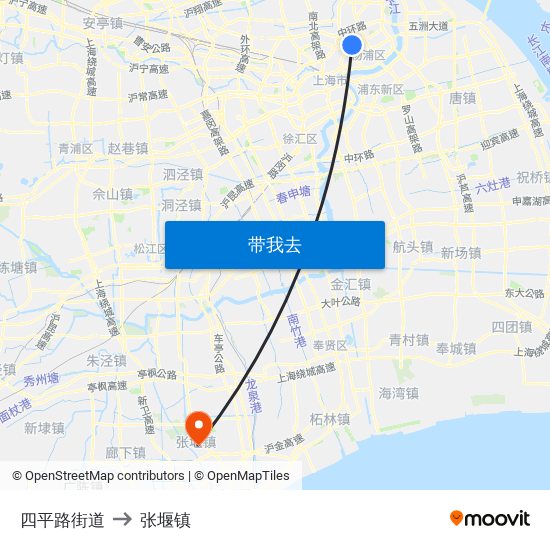 四平路街道 to 张堰镇 map