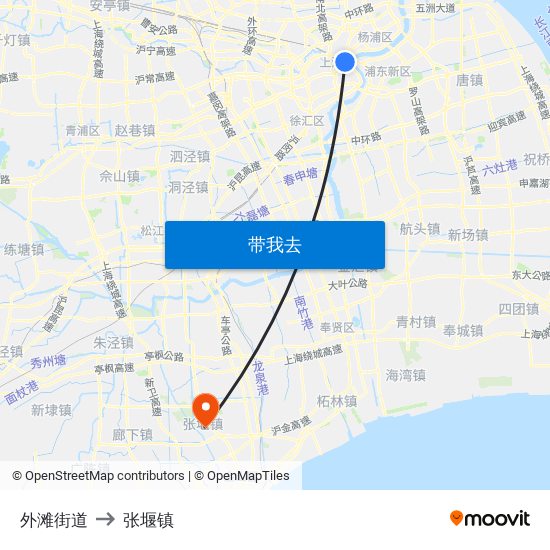 外滩街道 to 张堰镇 map