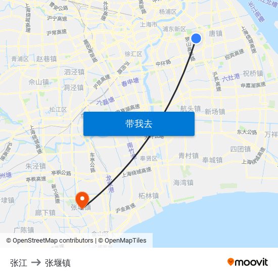 张江 to 张堰镇 map