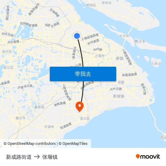 新成路街道 to 张堰镇 map