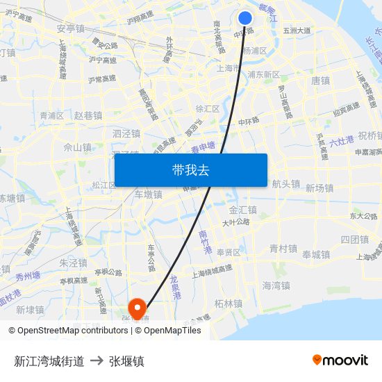 新江湾城街道 to 张堰镇 map
