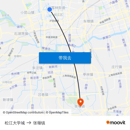 松江大学城 to 张堰镇 map