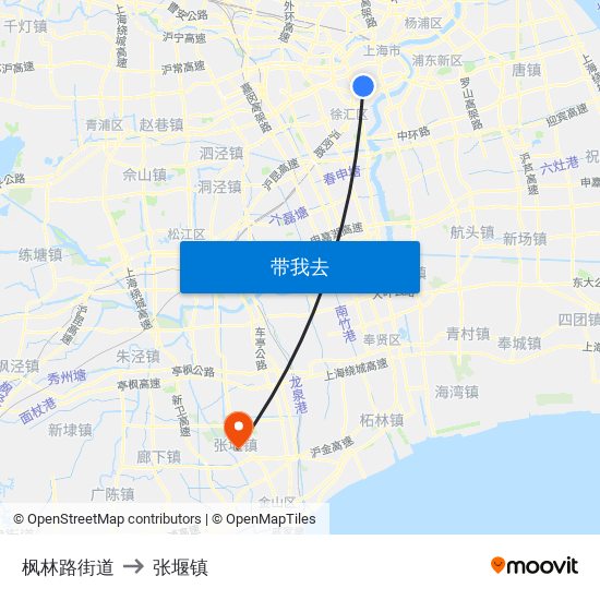 枫林路街道 to 张堰镇 map