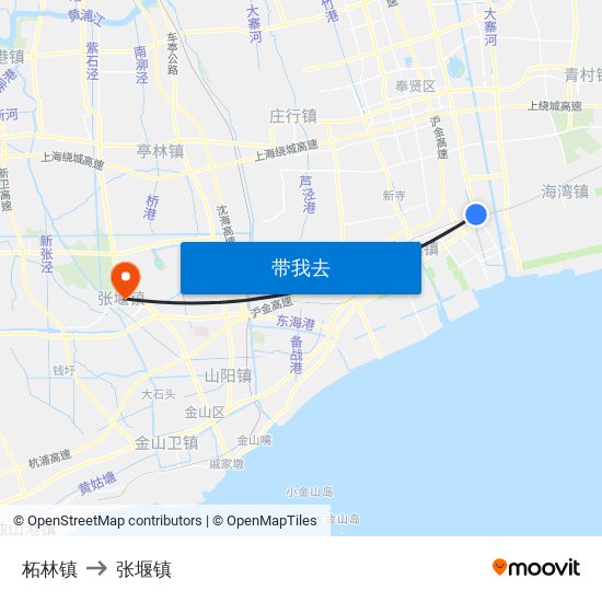 柘林镇 to 张堰镇 map