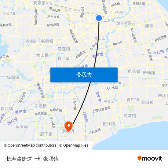 长寿路街道 to 张堰镇 map