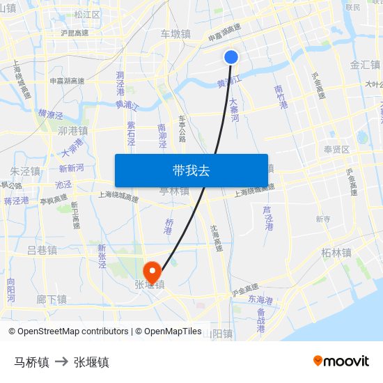 马桥镇 to 张堰镇 map