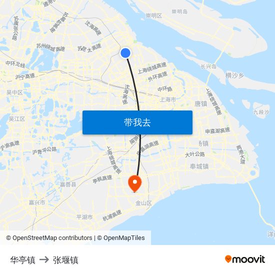 华亭镇 to 张堰镇 map