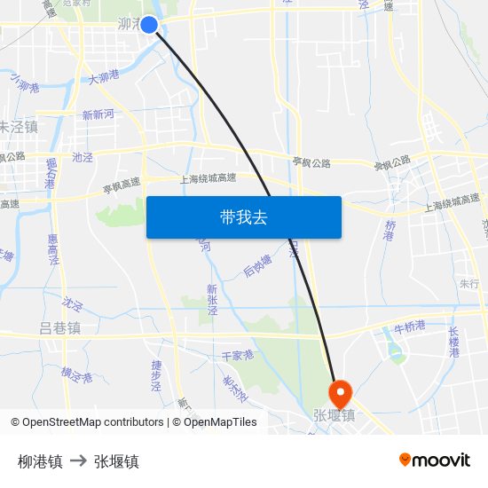 柳港镇 to 张堰镇 map