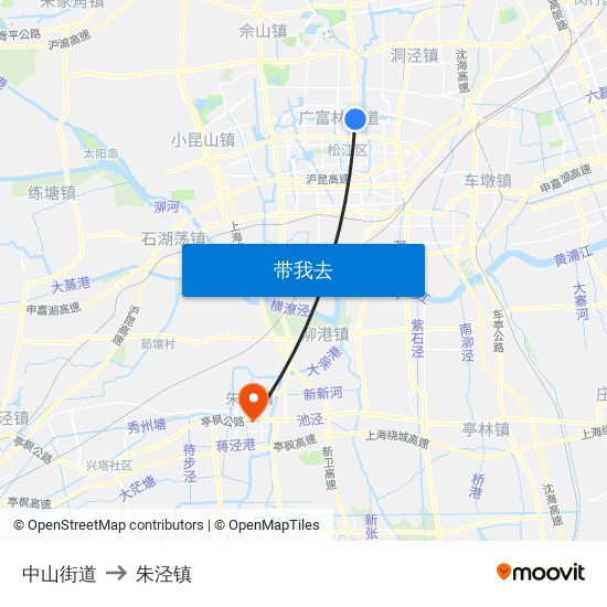中山街道 to 朱泾镇 map