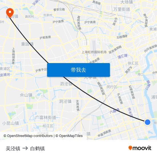 吴泾镇 to 白鹤镇 map