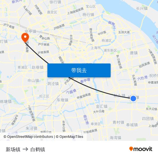新场镇 to 白鹤镇 map