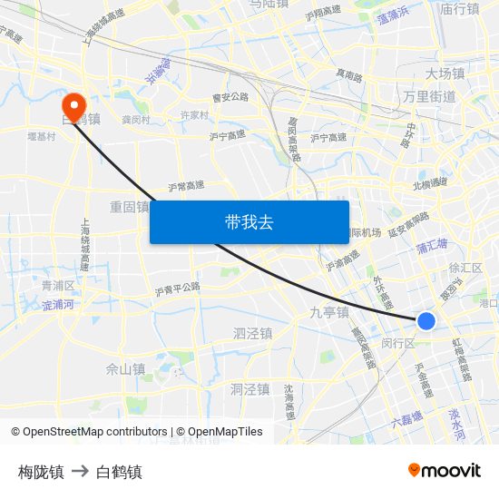 梅陇镇 to 白鹤镇 map