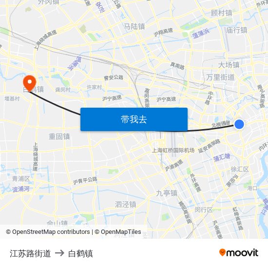 江苏路街道 to 白鹤镇 map
