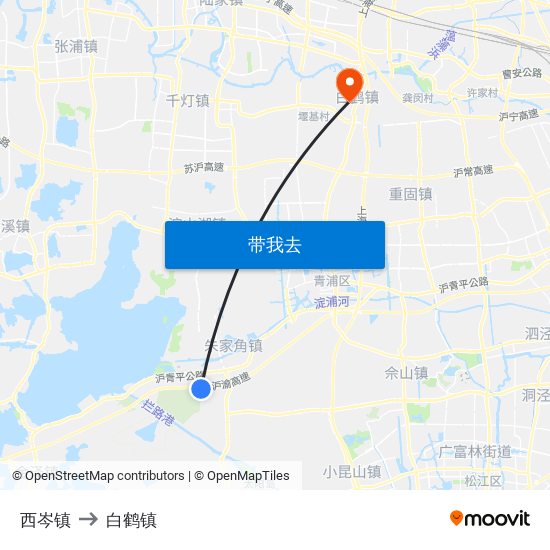 西岑镇 to 白鹤镇 map