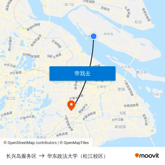 长兴岛服务区 to 华东政法大学（松江校区） map