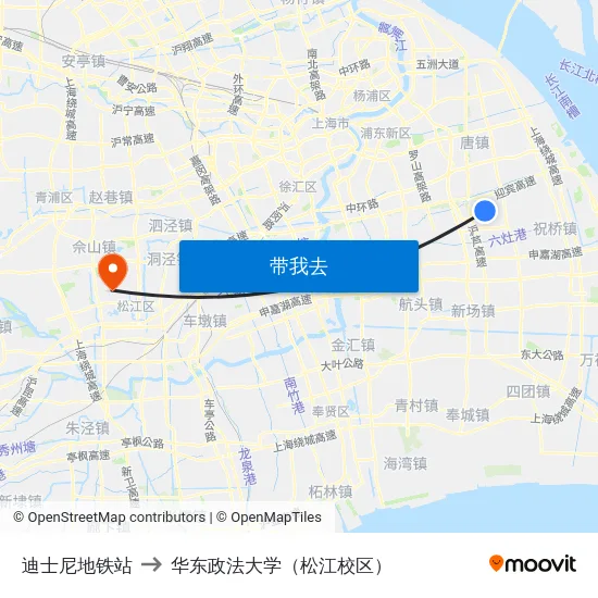 迪士尼地铁站 to 华东政法大学（松江校区） map