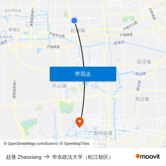 赵巷 Zhaoxiang to 华东政法大学（松江校区） map