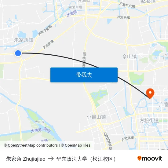 朱家角 Zhujiajiao to 华东政法大学（松江校区） map