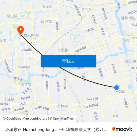 环城东路 Huanchengdong Road to 华东政法大学（松江校区） map