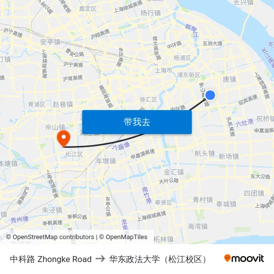 中科路 Zhongke Road to 华东政法大学（松江校区） map