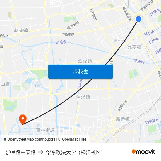 沪星路中春路 to 华东政法大学（松江校区） map
