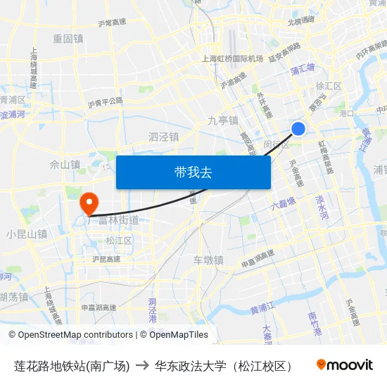 莲花路地铁站(南广场) to 华东政法大学（松江校区） map