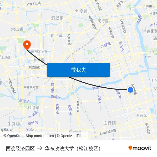 西渡经济园区 to 华东政法大学（松江校区） map