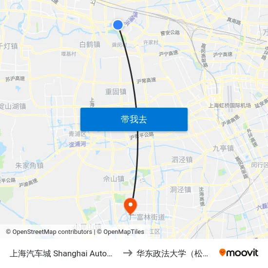 上海汽车城 Shanghai Automobile City to 华东政法大学（松江校区） map